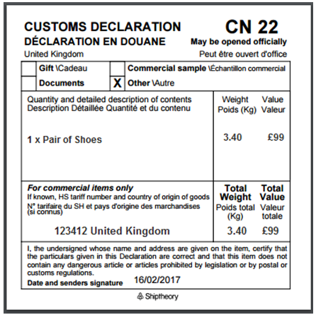 CN 22 declaration form